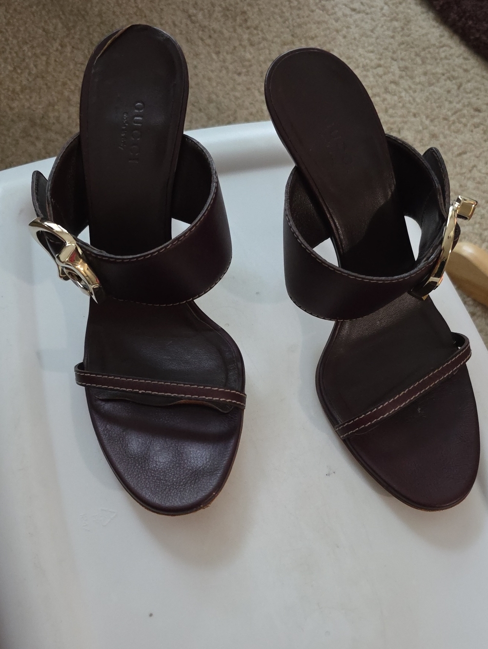Gucci Brown Leather Slide Sandals with Gold-Tone Chain Accent